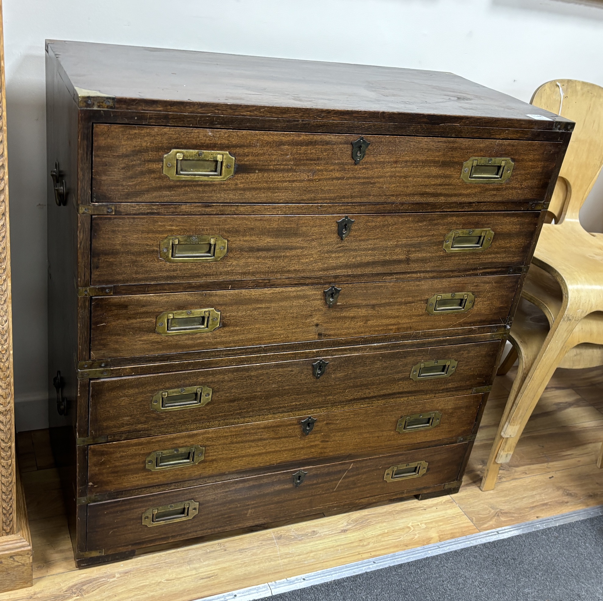 A brass mounted military style mahogany six drawer two part chest, width 91cm, depth 43cm, height 93cm